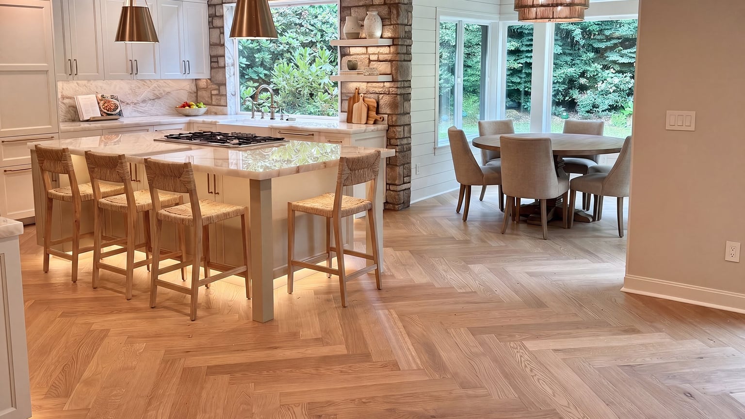 Monarch Plank Domaine II Herringbone Montrichard oak herringbone floor in a kitchen and dining room