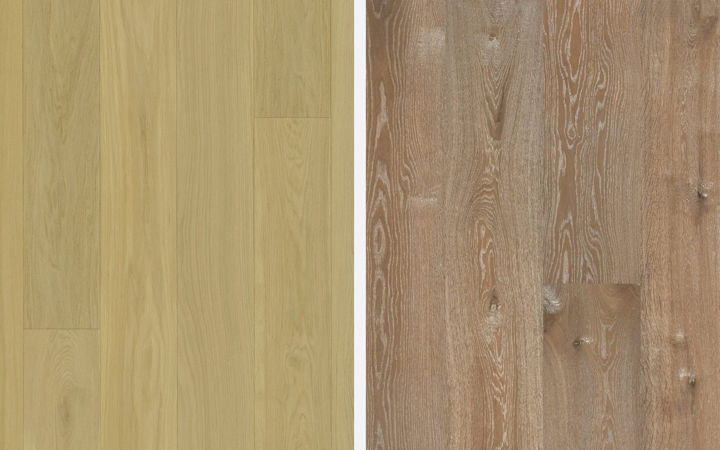 Pale even oak boards of Monarch Plank Regent Carolina beside brown oak boards with knots of Duchateau GRANDE SAVOY Marquis