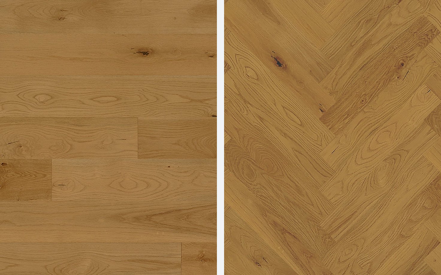 Long straight oak planks of Monarch Plank Lago Belviso beside the same oak laid in a herringbone pattern