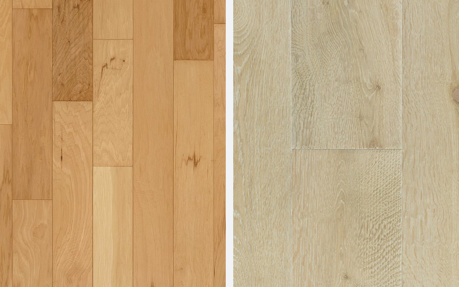 Narrow hickory boards of Garrison Carolina Classic Beaufort beside the much wider oak boards of Riva LA/Riva Azure, shown at the same scale