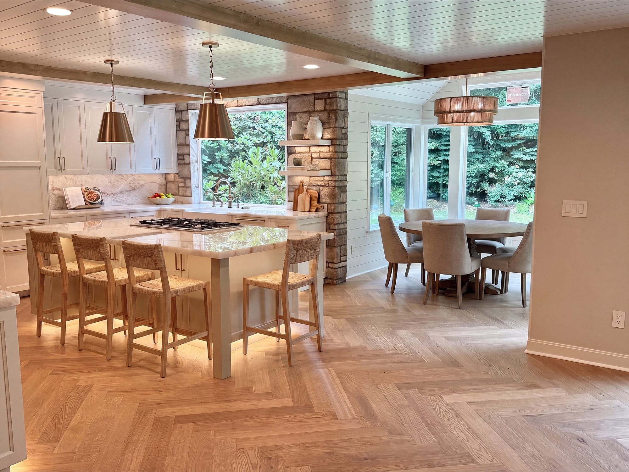 Oak herringbone floor in a kitchen and dining room